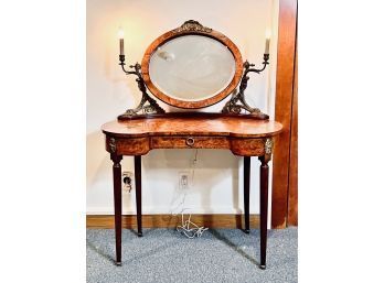 Antique Lighted Burled Wood Dressing Table With Brass Detail And Inlay And Mirror