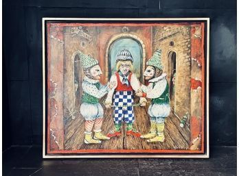Framed Signed Oil On Canvas - Vassily Kafanov - Game 1990 - 3 Clowns