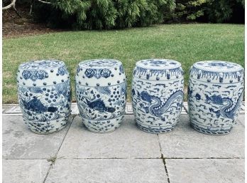 Set Of 4 Ceramic Blue And White Asian Motif Garden Stools