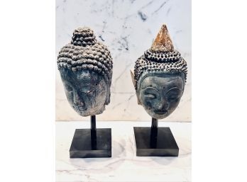Pair Of Carved Stone Buddha Heads On Stands