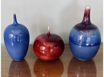Collection Of 3 Signed Cliff Lee Glazed Ceramic Decorative Pieces - Red And Purple