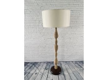 Rattan Standing Lamp Wood Base And Large Round Linen Shade