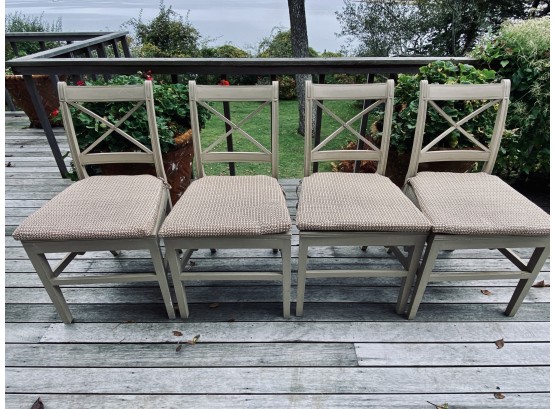 Set Of 4 Painted Campaign Howe Wood And Cane Folding Chairs-Cushions - Purchased At Marche Aux Puces In Paris