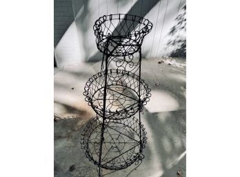 Vintage Painted French Wire Tiered Outdoor Plant Stand And Small Wire Planter