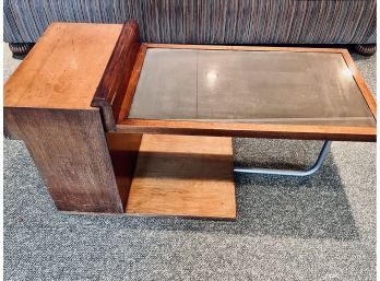 Vintage Dark Wood Coffee Table With Drawer And Mirror Top And Metal Leg
