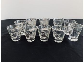 Set Of 10 Cordial Glasses With Silver Floral Detail