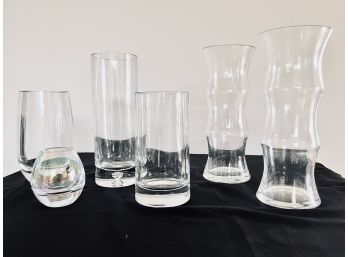 Collection Of 5 Heavy Clear Glass Vases - Unmarked
