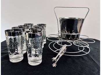 Vintage Ice Bucket With 8 Highball Glasses With Silver Crests In Caddy