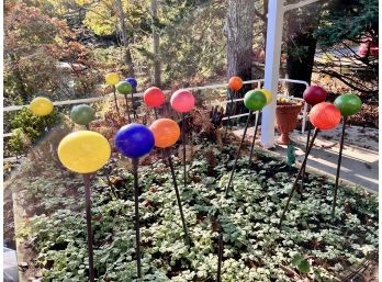 Collection Of 16 Blown Glass Orbs On Copper Posts - Used As Garden Decor - Multicolor