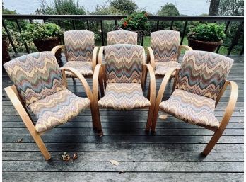 Set Of 6 Stunning Peter Danko Associates Blonde Wood Arm Chairs With Missoni Fabric