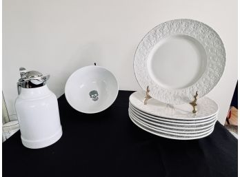 8 Large White Ceramic Dinner Plates By Mateus, White Alfi Carafe, Skull Bowl