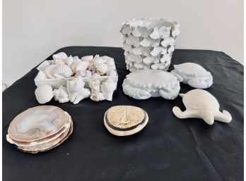 Collection Of Sea Shells, 2 Crab Candy Dishes, Marble Turtle, Ceramic Planter , 4 Rablabs Agate Coasters