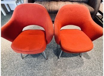 Pair Of Vintage Knoll International Orange Wood Upholstered Armchairs With Chrome Legs