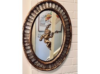 Antique Oval Mirror With Gold Leaf  Cherub In Center And Crystal Surround