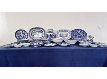 Collection Of Blue And White Ceramic Pieces - Bowls, Plates, Platters, Vase