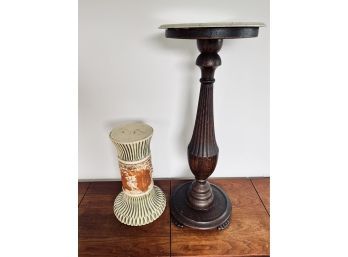 Pair Of Antique Plant Stands - Ceramic And Iron/marble