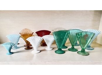 Large Collection Of Vintage Fan Vases - Some Hobnail, Bubble - Assorted Colors