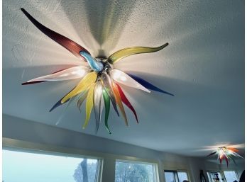 Pair Of Custom Murano Glass Ceiling Lights - Multicolor 3 Light With Chrome