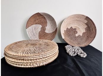 Set Of 8 Natural Woven Placemats, 2 African Baskets, 12 Shell Napkin Rings