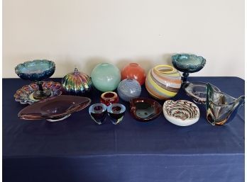 Collection Of Murano Style Round Vases , Pair Of Iridescent Glass Bowls On Stems, 1 Pumpkin