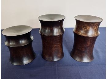 Set Of 3 French Wooden Round Covered Jars