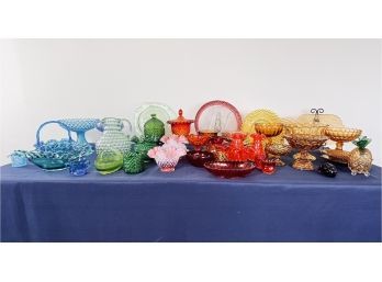 Large Collection Of Vintage Colored Glass - Assorted Sizes - Hobnail