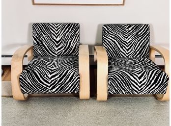 Pair Of Knoll Blonde Wood Arm Chairs With Zebra Fabric