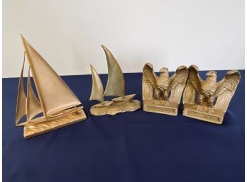 Pair Of Carved Iron Eagle Bookends And Pair Of Brass Sailboats