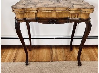 Antique Burled Wood Poker Table With Inlay - Carved Cabriole Legs - Top Folds To Create Console