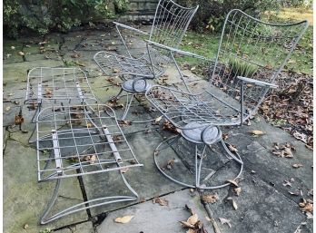 Pair Of Vintage Bertoia Style Iron Patio Chairs With Ottomans - No Cushions