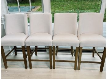 Set Of 4 White Restoration Hardware Upholstered Bar Stools With Nailhead Detail On Wood