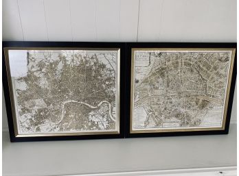Pair Of Restoration Hardware Framed Vintage Maps  - London And Paris
