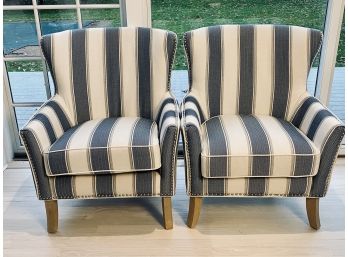 Pair Of Blue, Cream And Grey Armchairs With Silver Nailheads - Dorel Asia
