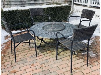 Wrought Iron Fire Pit With 4 Outdoor Wicker Dark Brown Arm Chairs From Pier 1