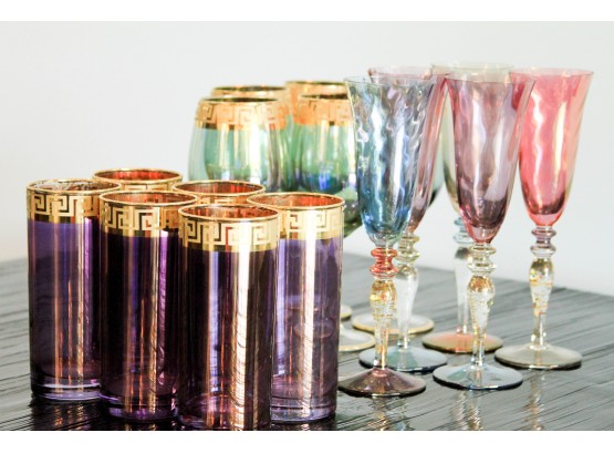 Set Of Greek Key Glasses In Purple And Green   Set Of Multicolored Champagne Flutes