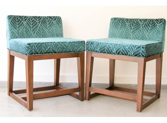 Pair Of Modern Turquoise Leaf Pattern Upholstered Barstools
