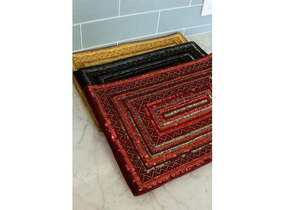9 Beaded Rectangular Placemats - Red, Gold And Black