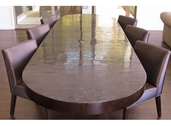 Custom Oval Dining Table In Dark Chocolate Brown Wood (High Gloss) With Metal Base