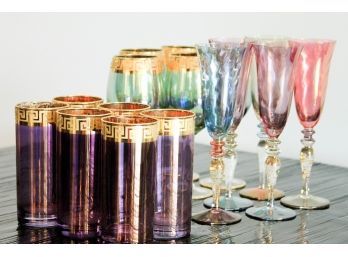 Set Of Greek Key Glasses In Purple And Green   Set Of Multicolored Champagne Flutes