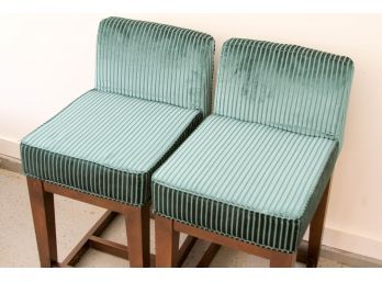 Pair Turquoise Upholstered Bar Stools With Dark Wood Legs