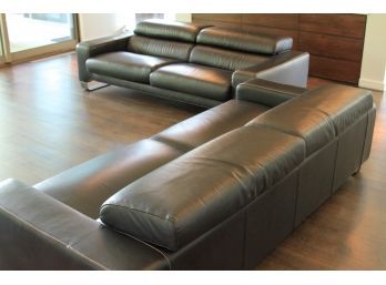 Pair Of Modern Roche Bobois Black Leather Couches With Pop-Up Headrests