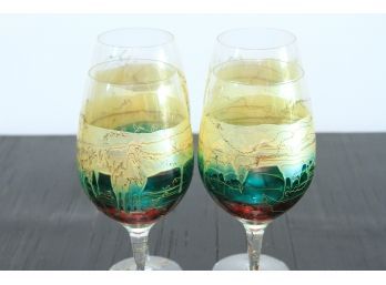 Set Of 4 Wine Glasses - Mouthblown, Handpainted - Romania