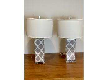 Pair Of Safavieh Ceramic  Grey And Cream Table Lamps With Linen Shades