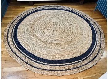 Small Round Jute Area Rug With Navy Accent - No Label