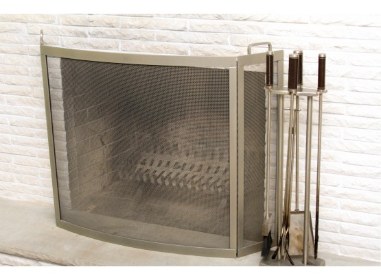 Modern Fireplace Screen And Tools - Brushed Nickel