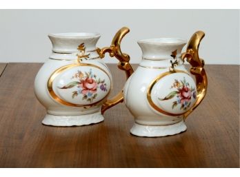 Pair Of Small Floral Pitchers - Painted With Gold Detail  - Made In Czechoslovakia 78