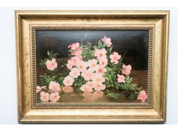 Pink Flowers With Sheers  - Signed - Oil On Wood - Gold Frame