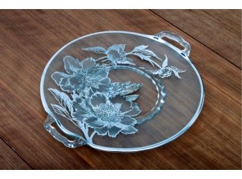 Vintage Round Clear Glass Plate With Silver Floral Detail