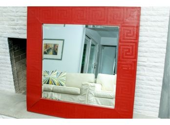 Red Leather Mirror With Embossed Greek Key Pattern