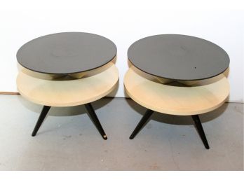 Pair Of Mid Century Modern Two Level Side Tables - Tempered Glass And Pickled Wood